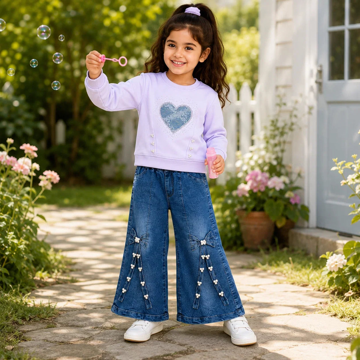 Girls 2-Piece Summer Outfit Set – Pink Heart Sweatshirt & Wide-Leg Denim Pants