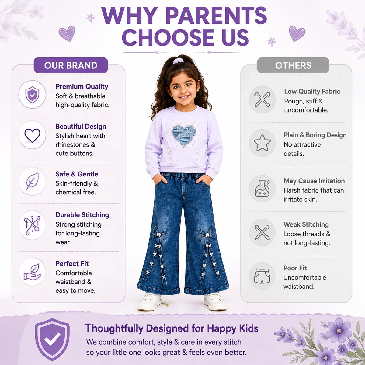 Girls 2-Piece Summer Outfit Set – Pink Heart Sweatshirt & Wide-Leg Denim Pants