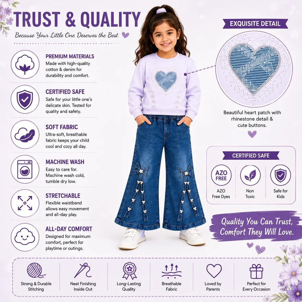 Girls 2-Piece Summer Outfit Set – Pink Heart Sweatshirt & Wide-Leg Denim Pants