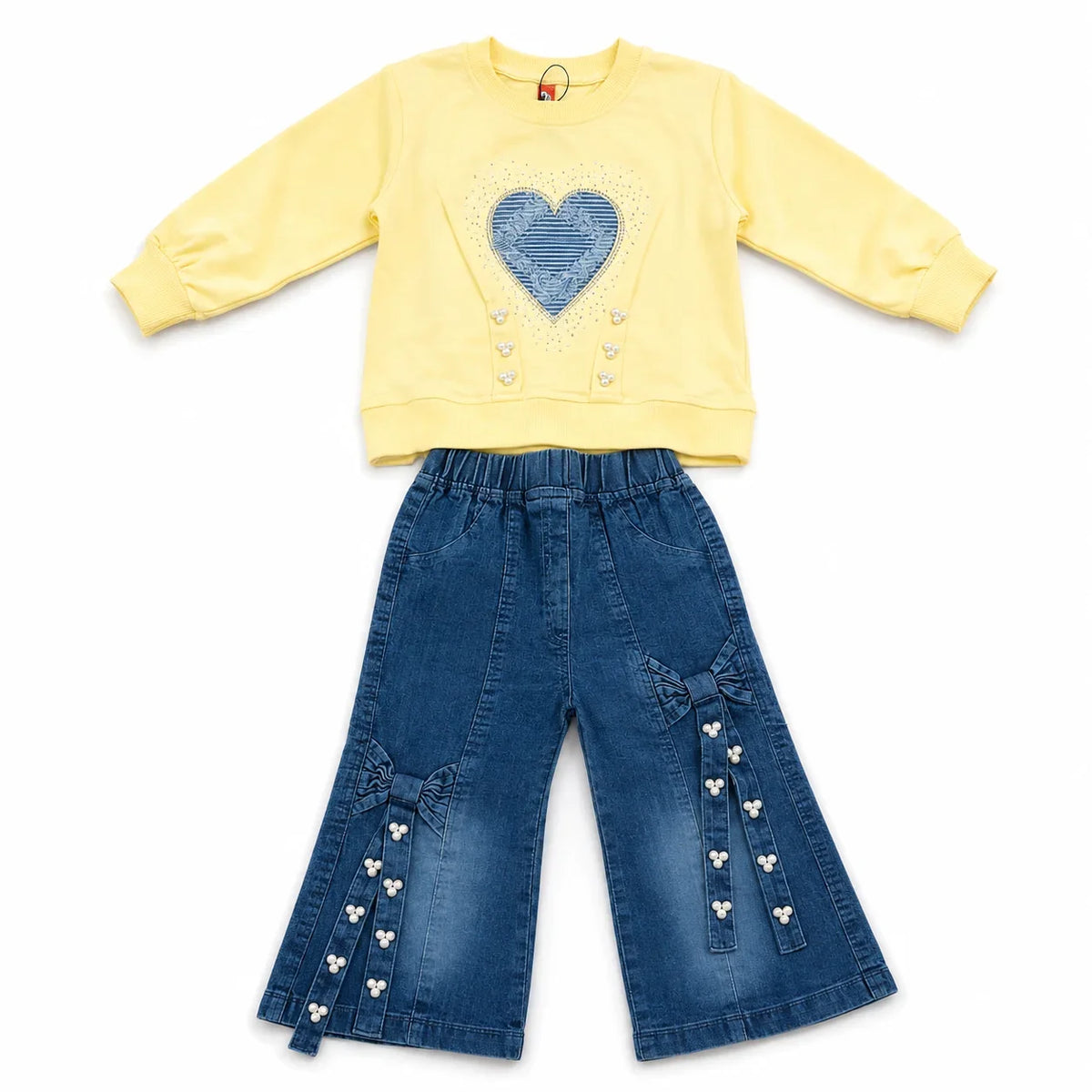 Girls 2-Piece Summer Outfit Set – Pink Heart Sweatshirt & Wide-Leg Denim Pants