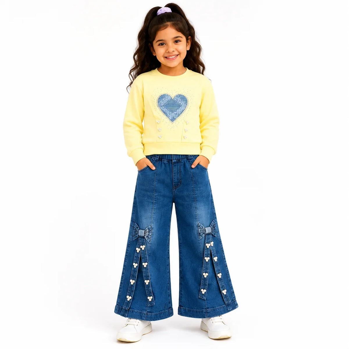Girls 2-Piece Summer Outfit Set – Pink Heart Sweatshirt & Wide-Leg Denim Pants