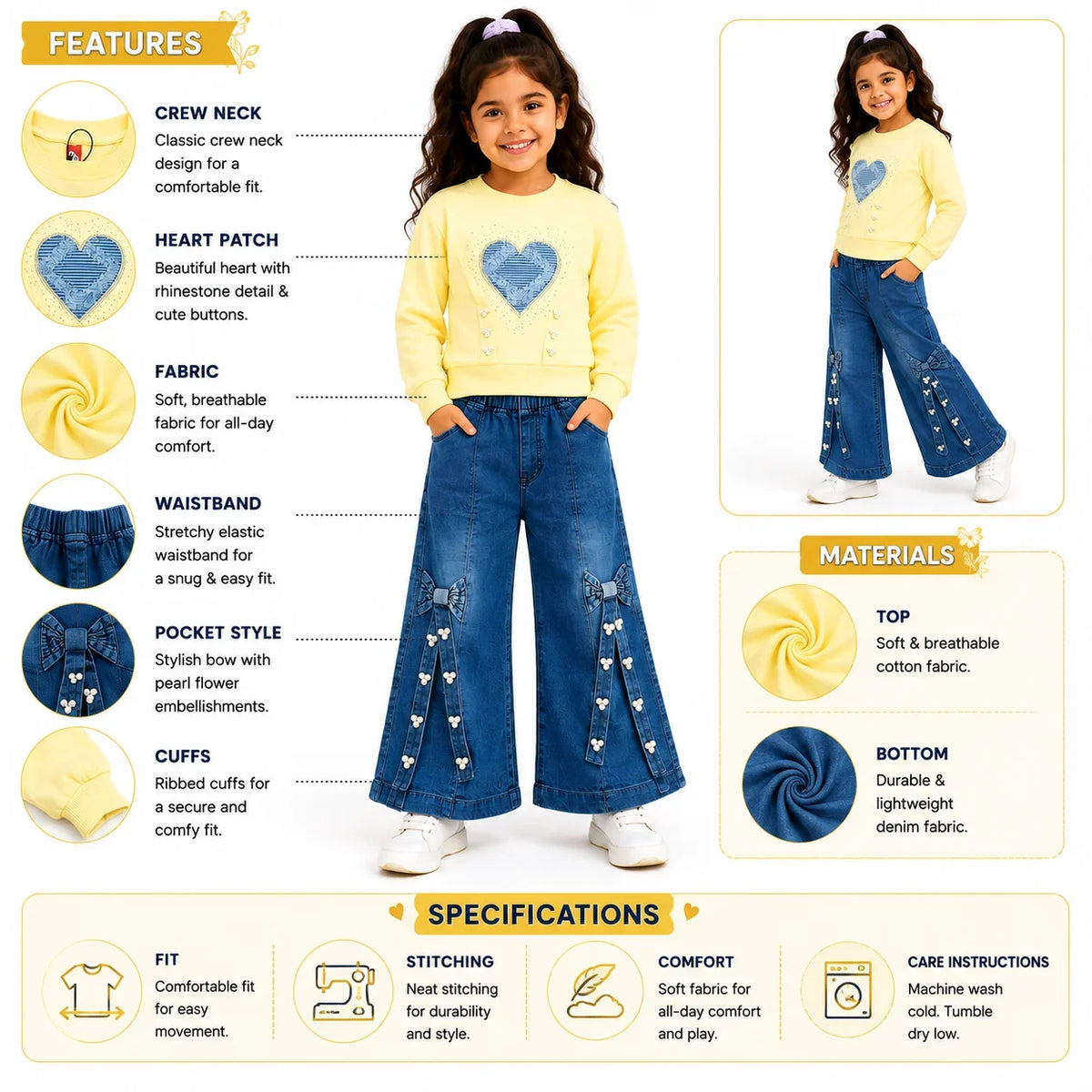 Girls 2-Piece Summer Outfit Set – Pink Heart Sweatshirt & Wide-Leg Denim Pants