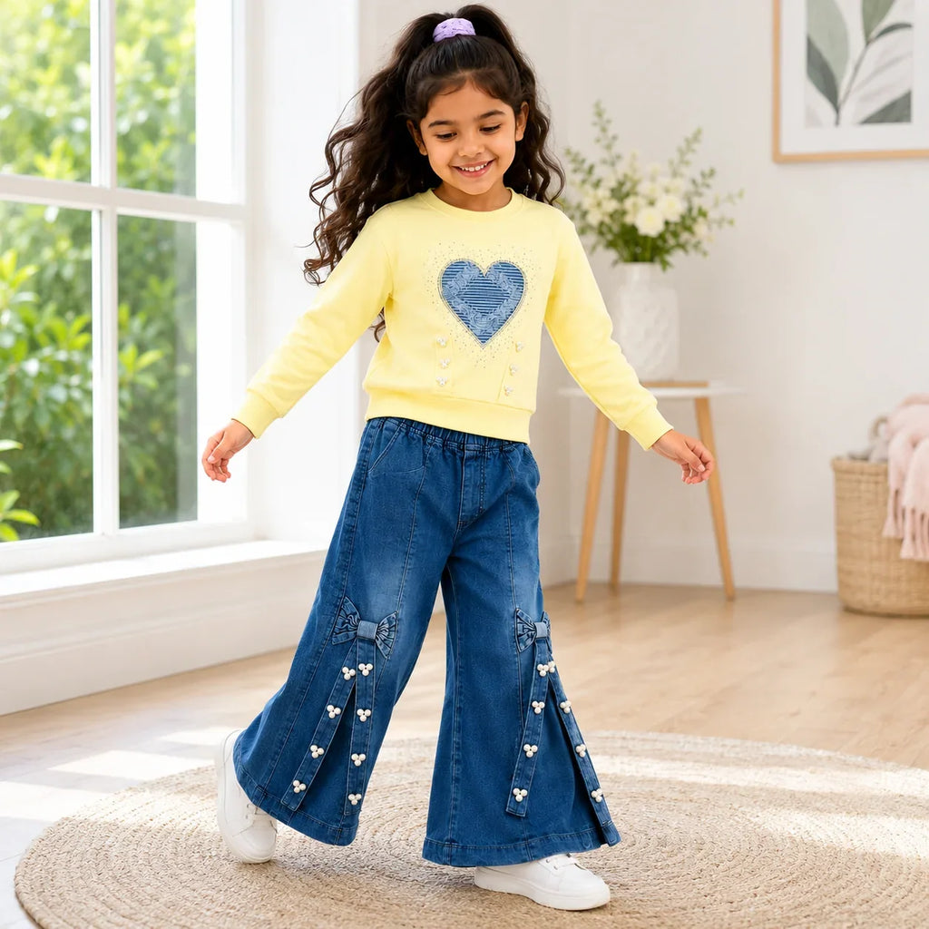Girls 2-Piece Summer Outfit Set – Pink Heart Sweatshirt & Wide-Leg Denim Pants