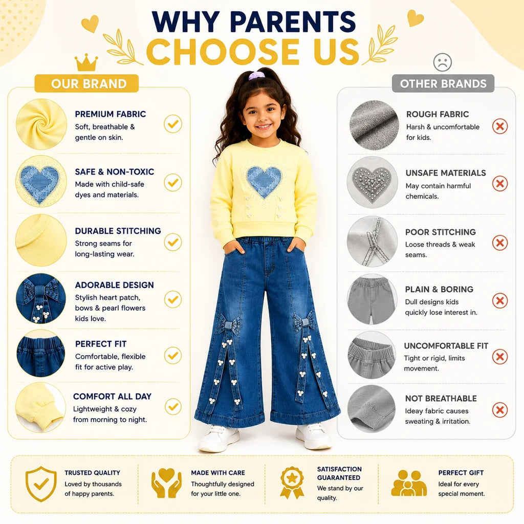 Girls 2-Piece Summer Outfit Set – Pink Heart Sweatshirt & Wide-Leg Denim Pants