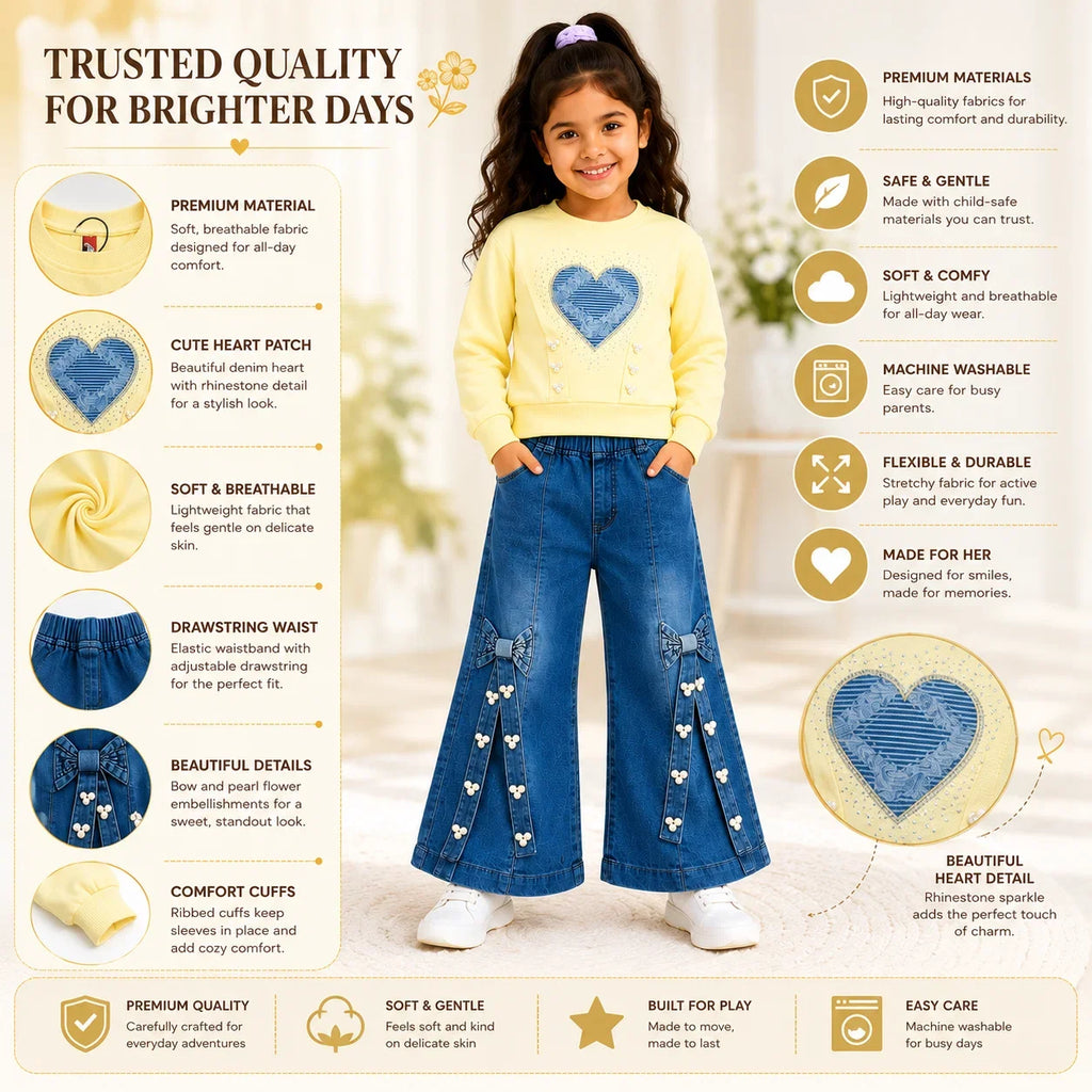 Girls 2-Piece Summer Outfit Set – Pink Heart Sweatshirt & Wide-Leg Denim Pants