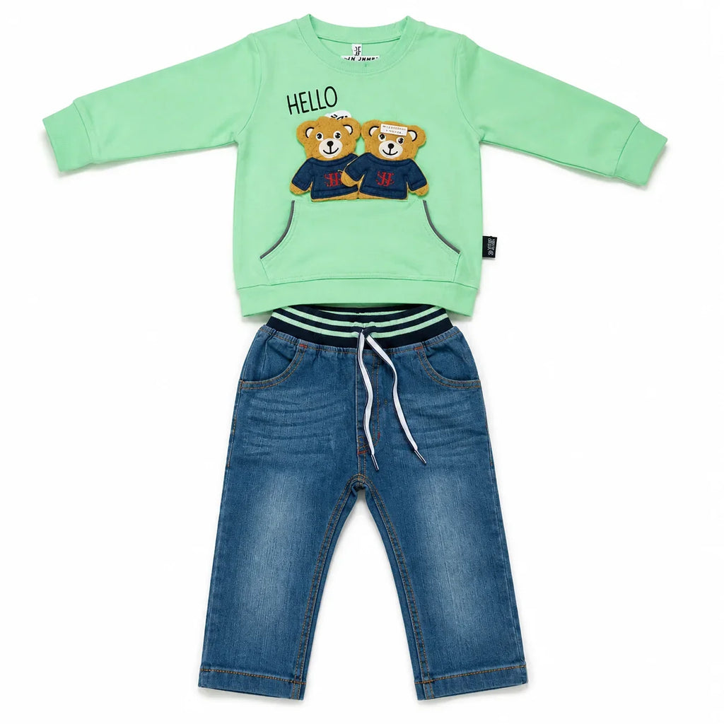 Boys 2-Piece Summer Outfit Set – Green Bear Print Top & Denim Pants