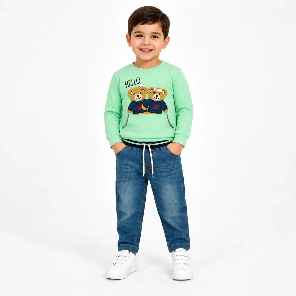 Boys 2-Piece Summer Outfit Set – Green Bear Print Top & Denim Pants