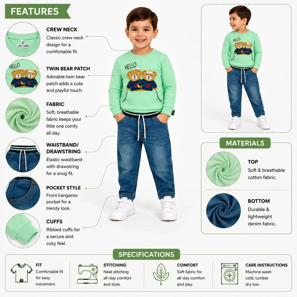 Boys 2-Piece Summer Outfit Set – Green Bear Print Top & Denim Pants