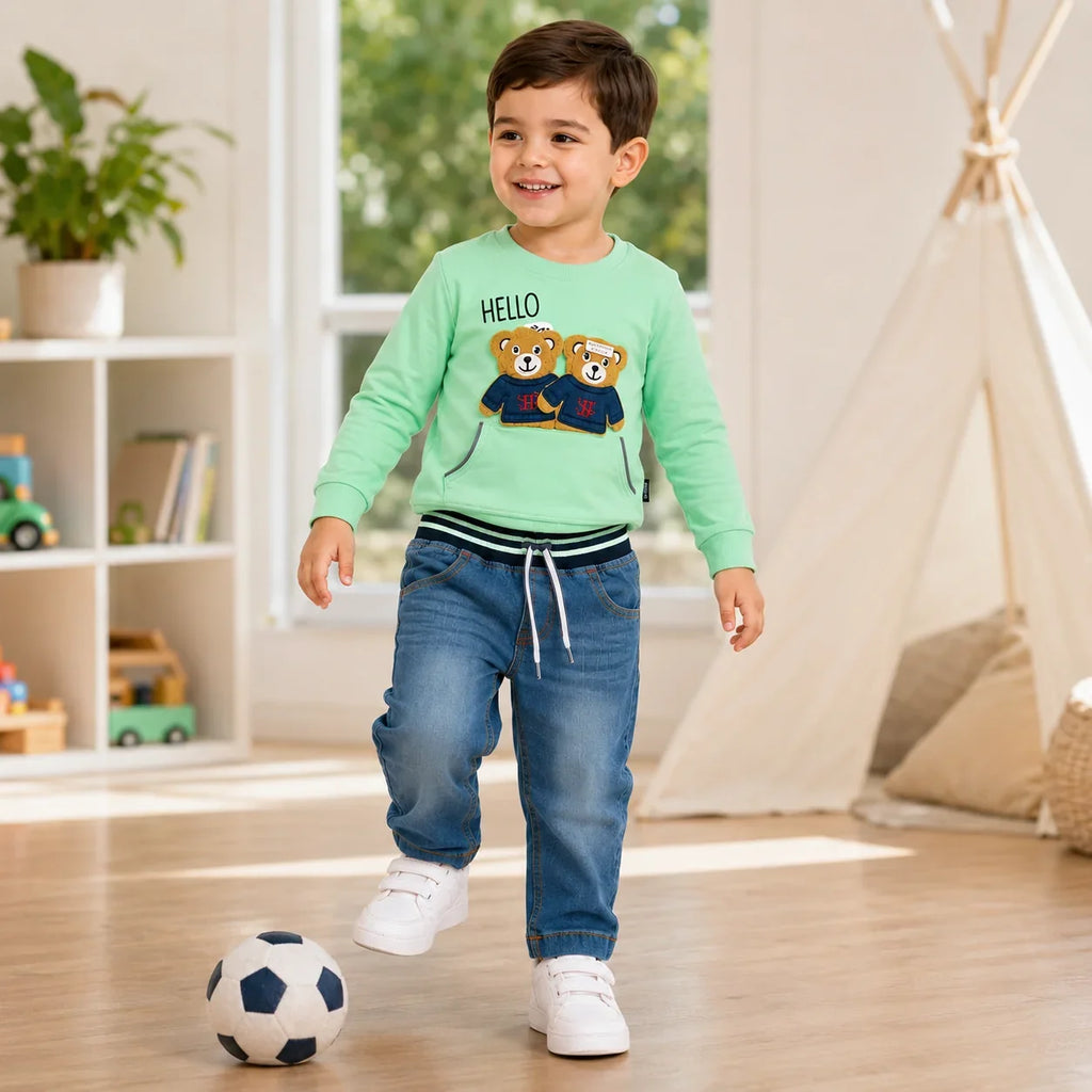 Boys 2-Piece Summer Outfit Set – Green Bear Print Top & Denim Pants