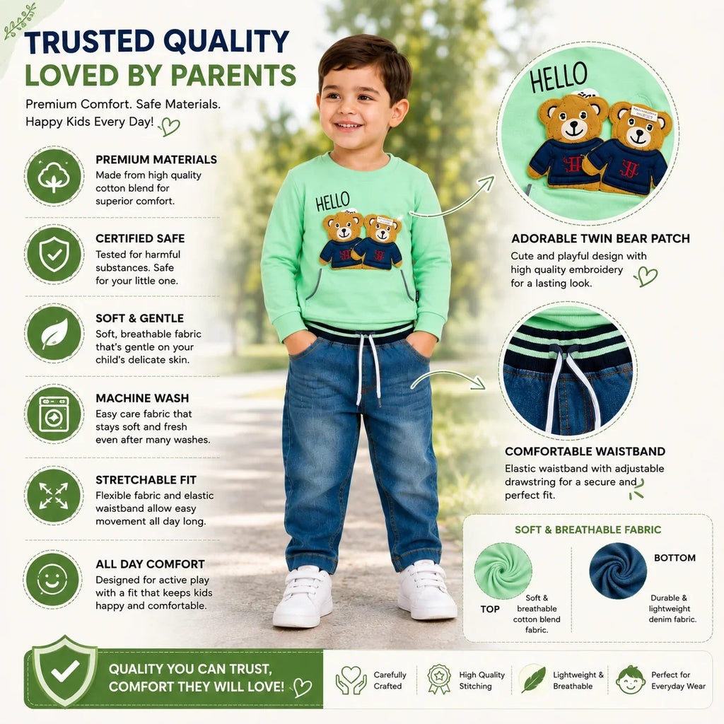 Boys 2-Piece Summer Outfit Set – Green Bear Print Top & Denim Pants