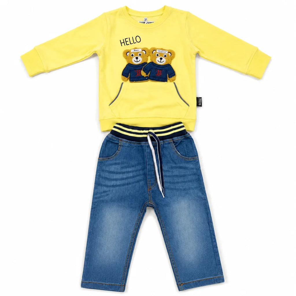 Boys 2-Piece Summer Outfit Set – Green Bear Print Top & Denim Pants