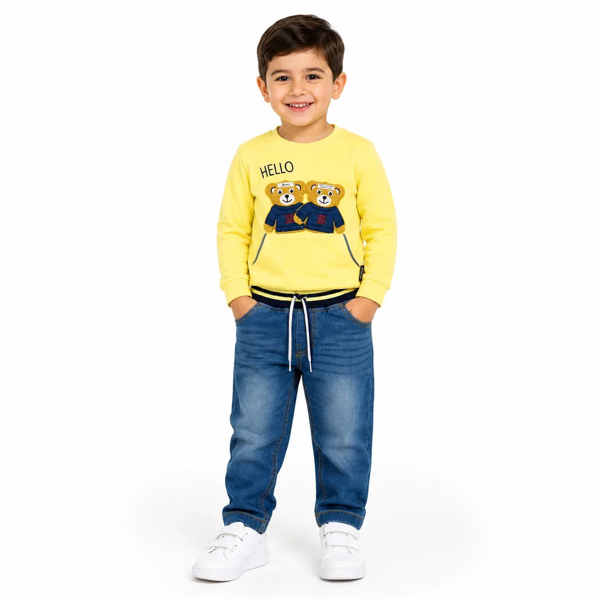 Boys 2-Piece Summer Outfit Set – Green Bear Print Top & Denim Pants
