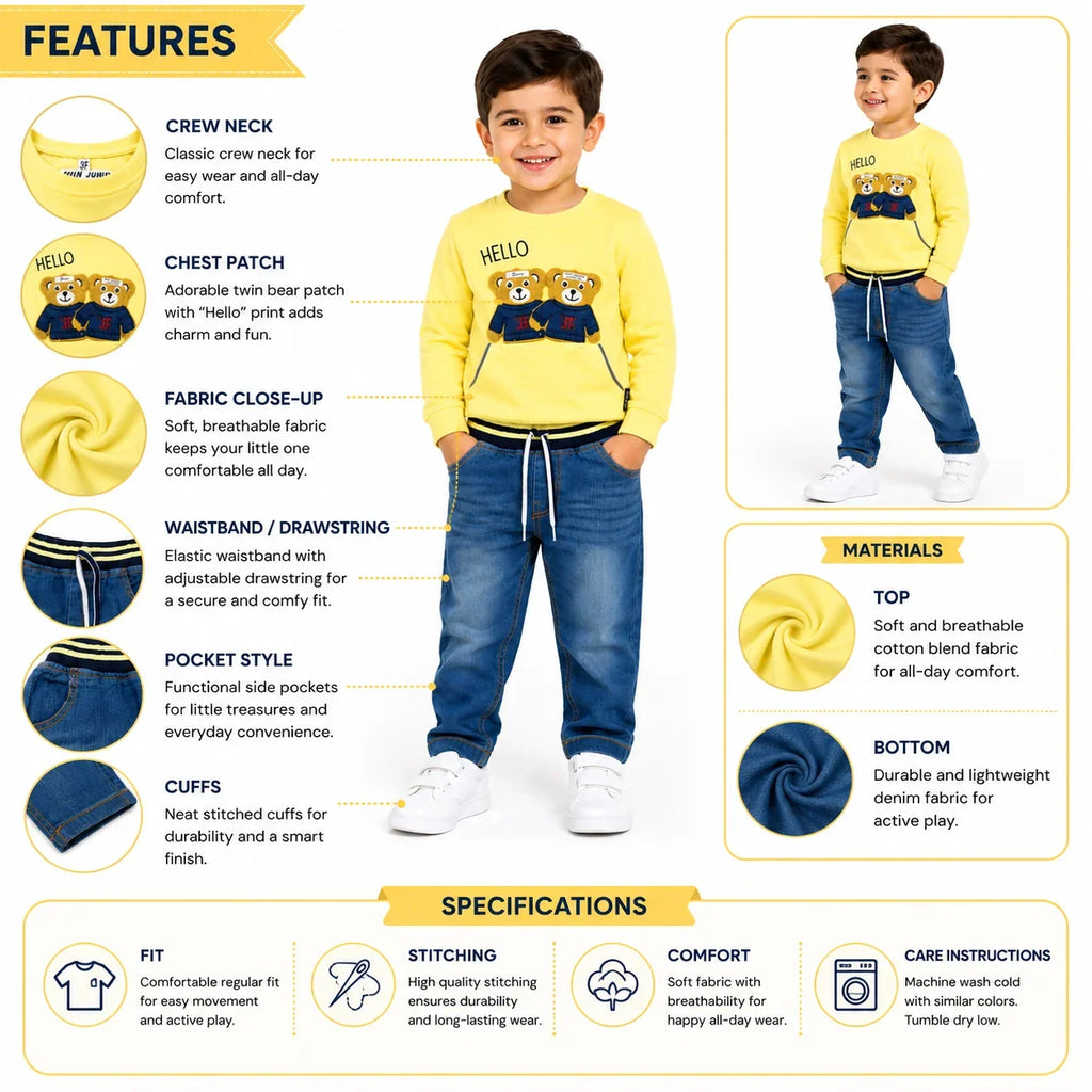 Boys 2-Piece Summer Outfit Set – Green Bear Print Top & Denim Pants