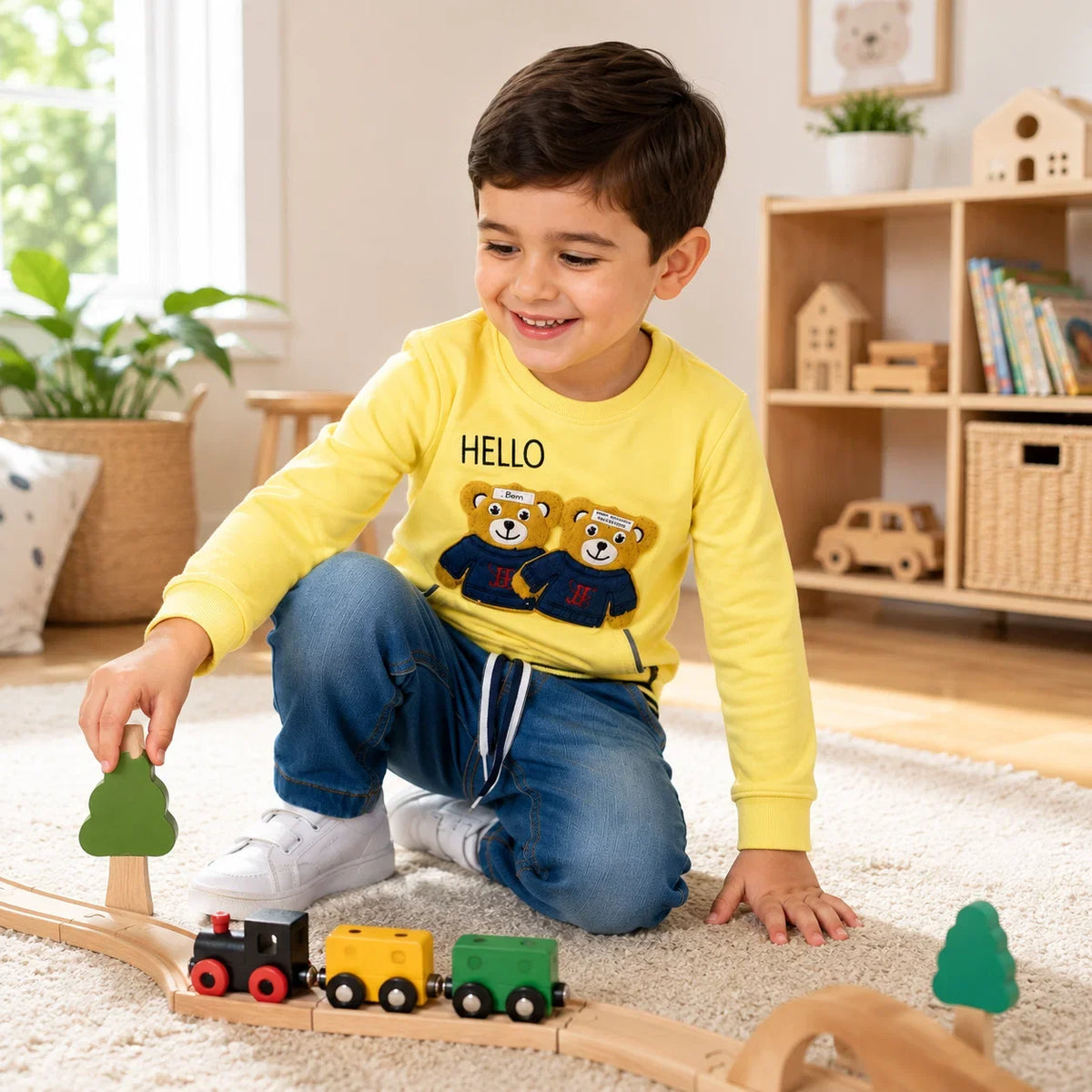 Boys 2-Piece Summer Outfit Set – Green Bear Print Top & Denim Pants