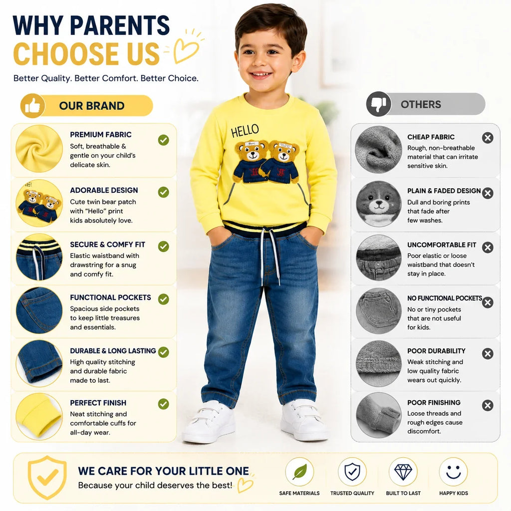 Boys 2-Piece Summer Outfit Set – Green Bear Print Top & Denim Pants