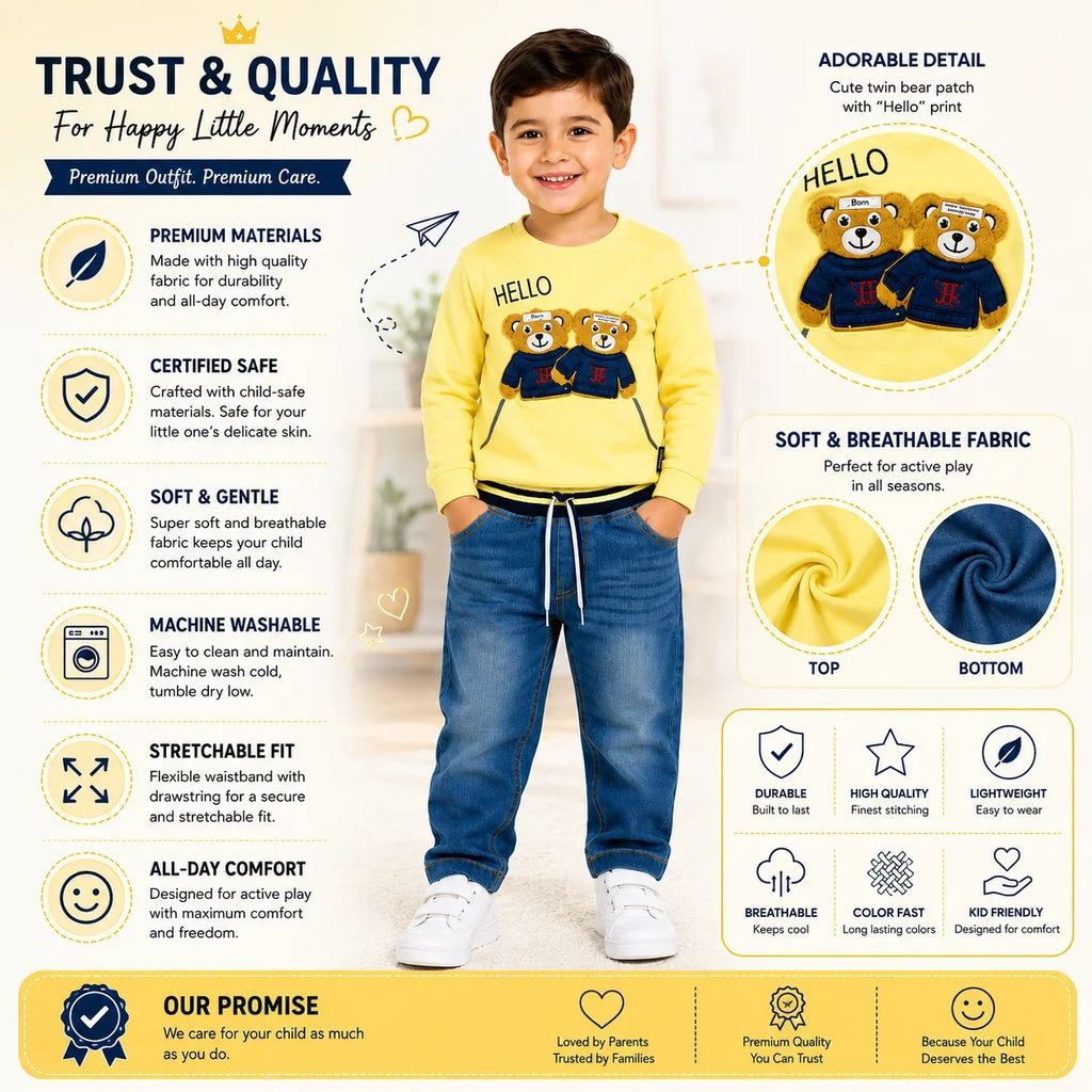 Boys 2-Piece Summer Outfit Set – Green Bear Print Top & Denim Pants