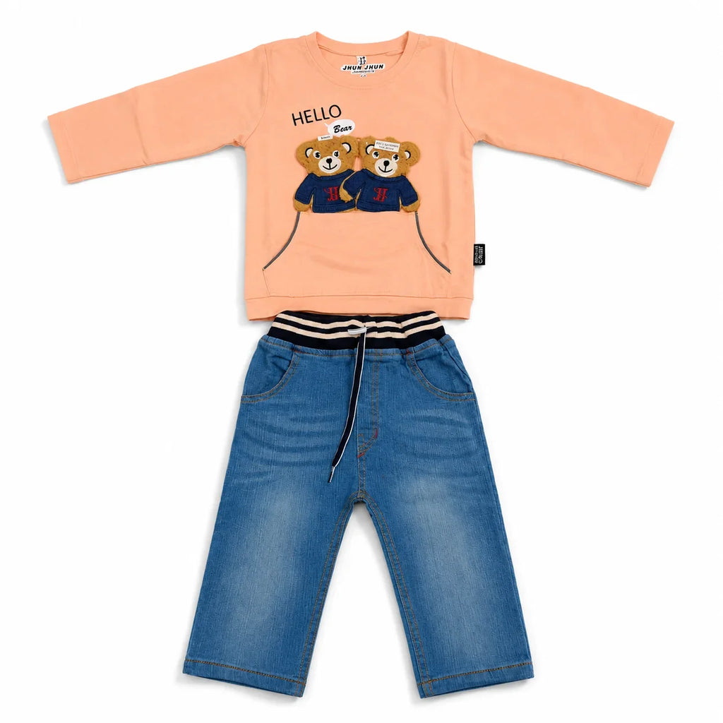 Boys 2-Piece Summer Outfit Set – Green Bear Print Top & Denim Pants