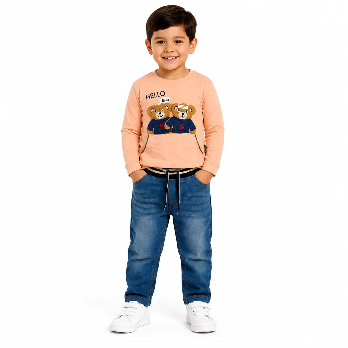 Boys 2-Piece Summer Outfit Set – Green Bear Print Top & Denim Pants