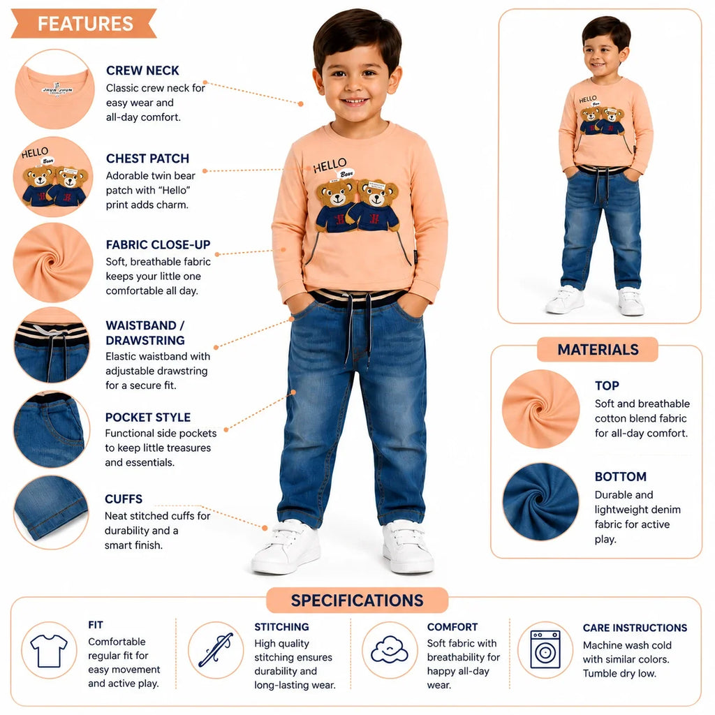 Boys 2-Piece Summer Outfit Set – Green Bear Print Top & Denim Pants