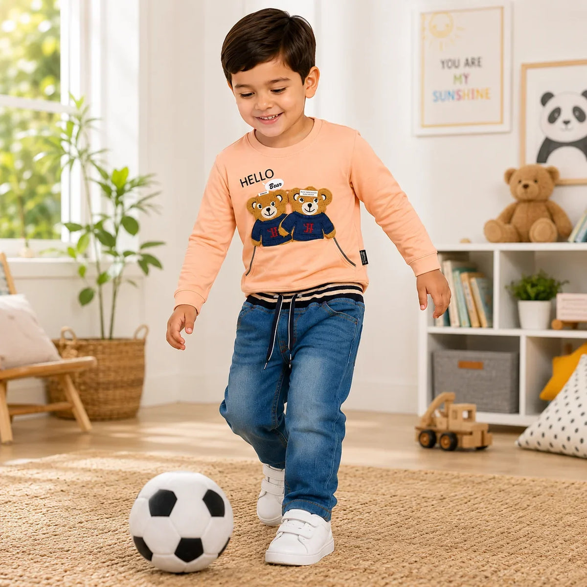 Boys 2-Piece Summer Outfit Set – Green Bear Print Top & Denim Pants
