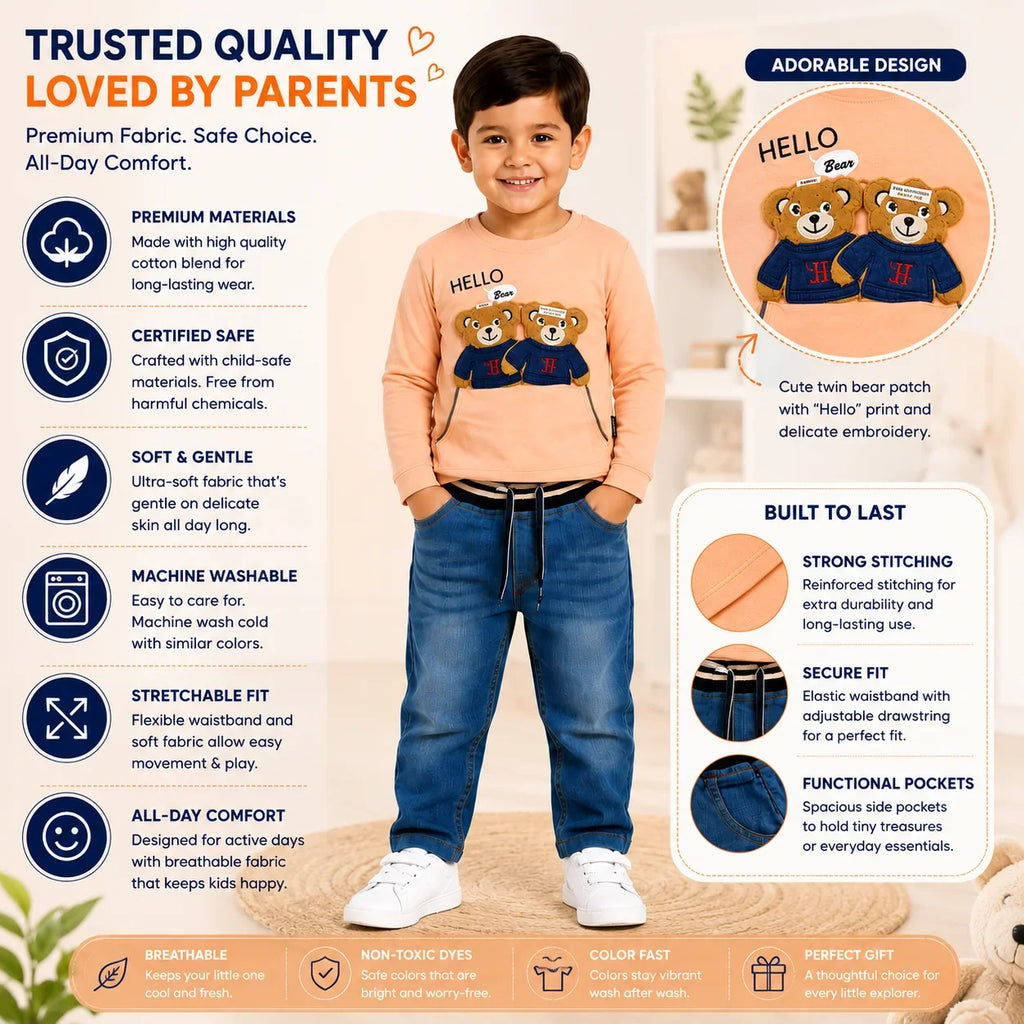 Boys 2-Piece Summer Outfit Set – Green Bear Print Top & Denim Pants