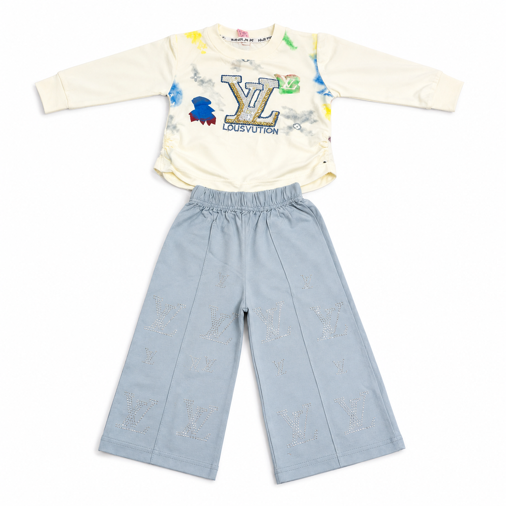 Girls 2-Piece Summer Outfit Set – Cream Printed Top & Light Blue Wide-Leg Pants | Stylish Casual Kids Set