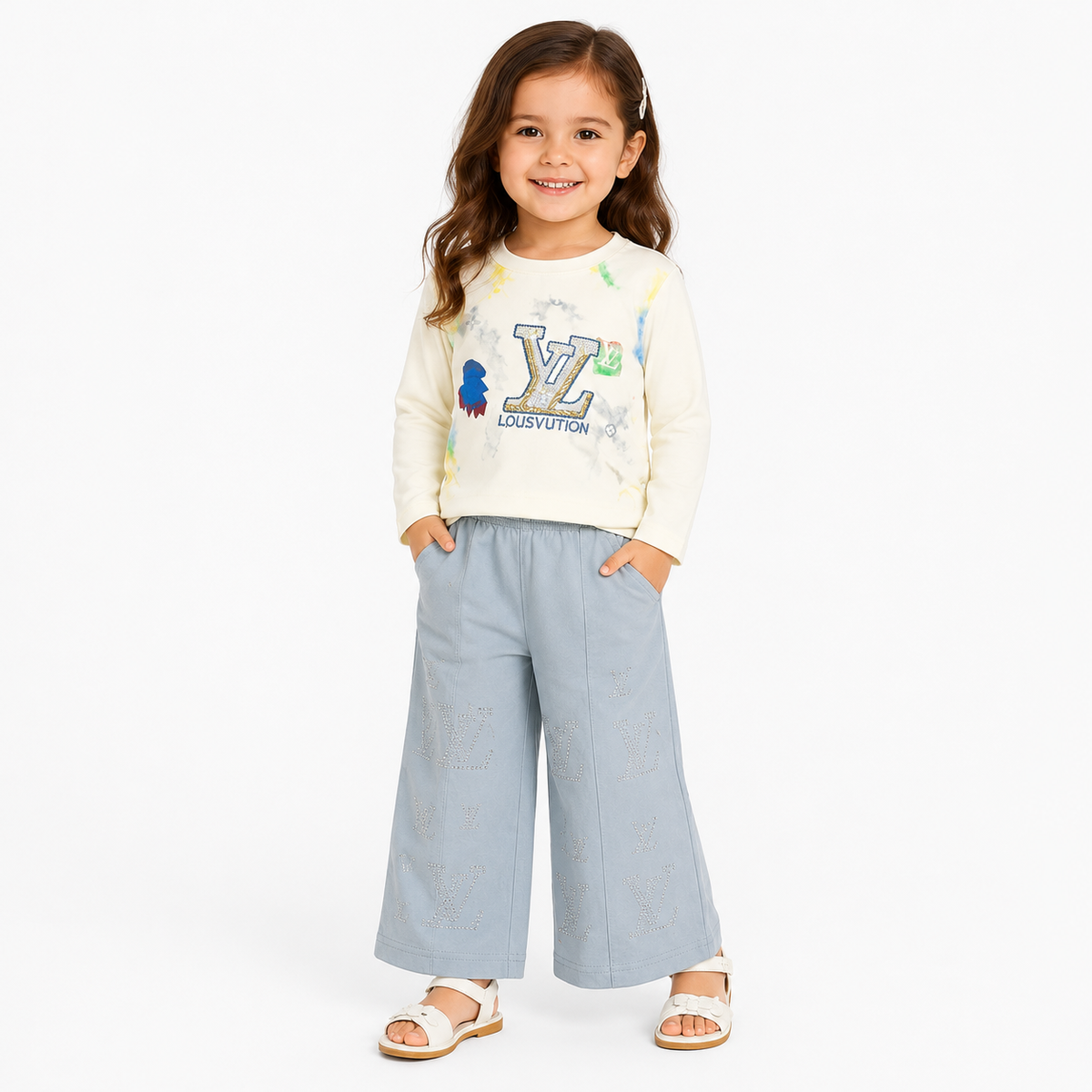 Girls 2-Piece Summer Outfit Set – Cream Printed Top & Light Blue Wide-Leg Pants | Stylish Casual Kids Set