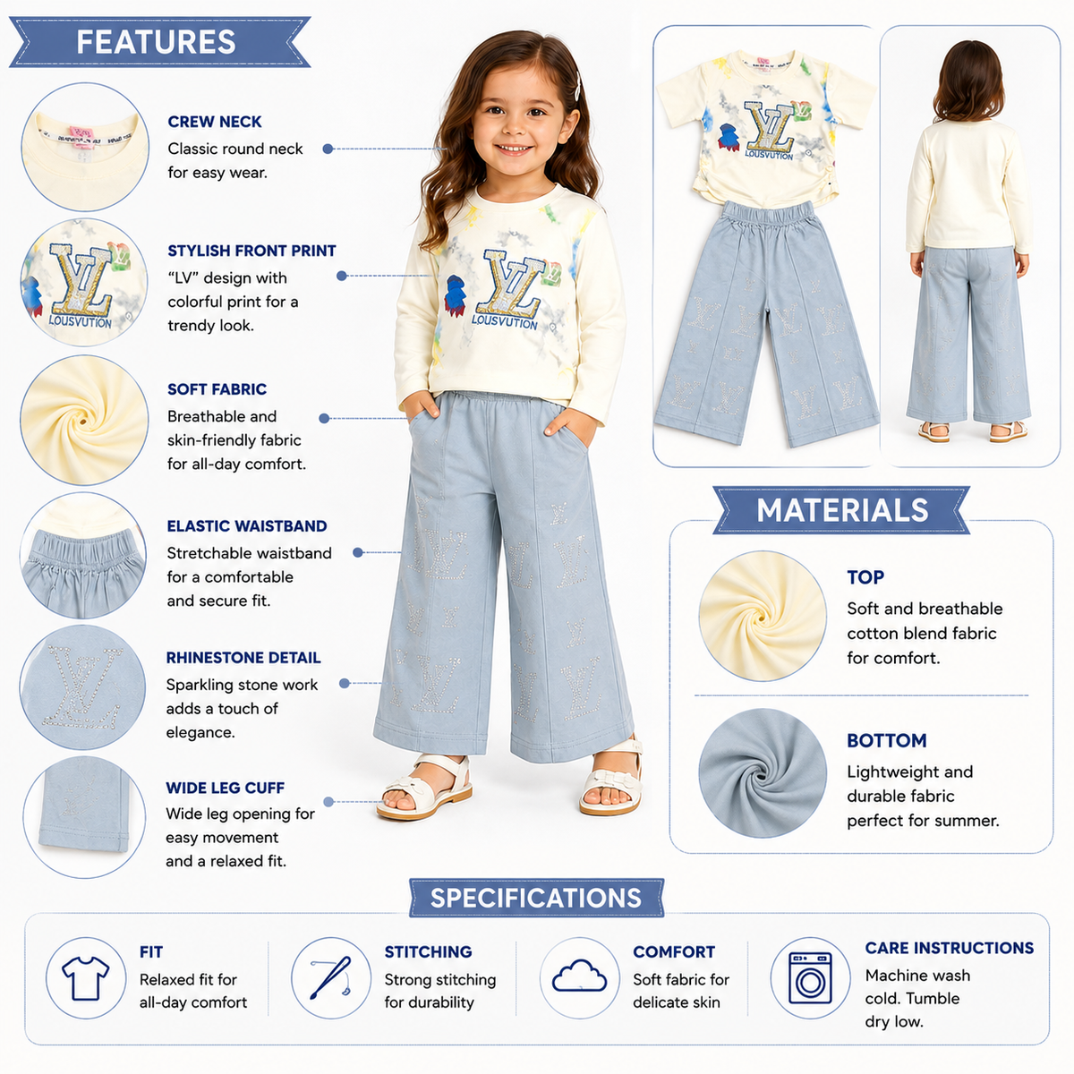 Girls 2-Piece Summer Outfit Set – Cream Printed Top & Light Blue Wide-Leg Pants | Stylish Casual Kids Set