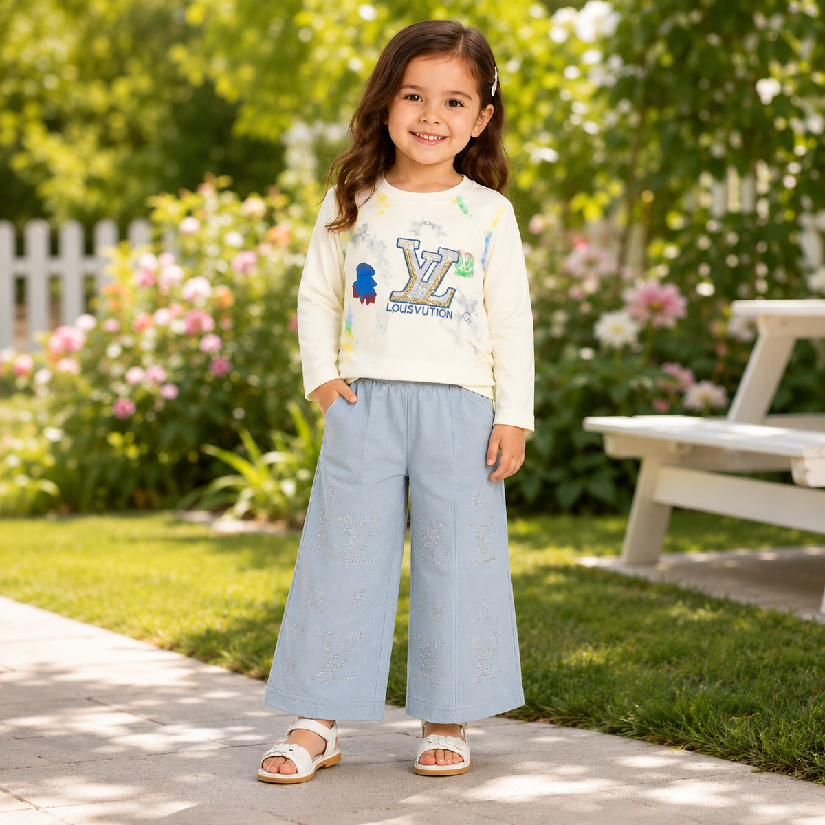 Girls 2-Piece Summer Outfit Set – Cream Printed Top & Light Blue Wide-Leg Pants | Stylish Casual Kids Set
