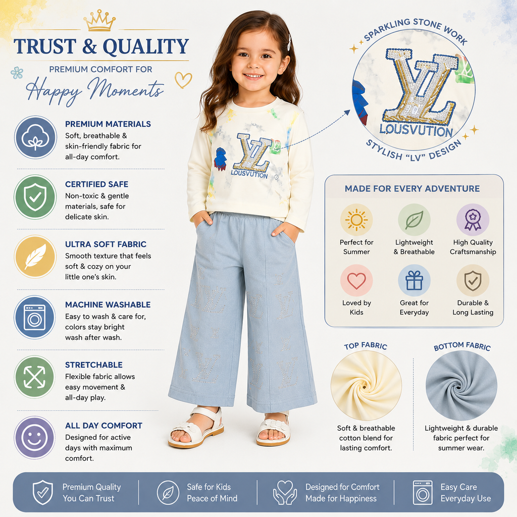 Girls 2-Piece Summer Outfit Set – Cream Printed Top & Light Blue Wide-Leg Pants | Stylish Casual Kids Set