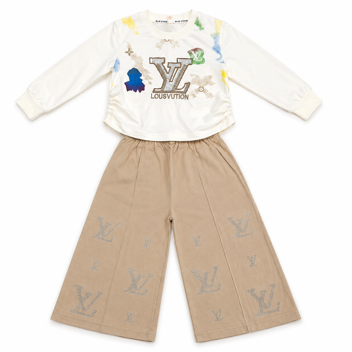 Girls 2-Piece Summer Outfit Set – Cream Printed Top & Light Blue Wide-Leg Pants | Stylish Casual Kids Set