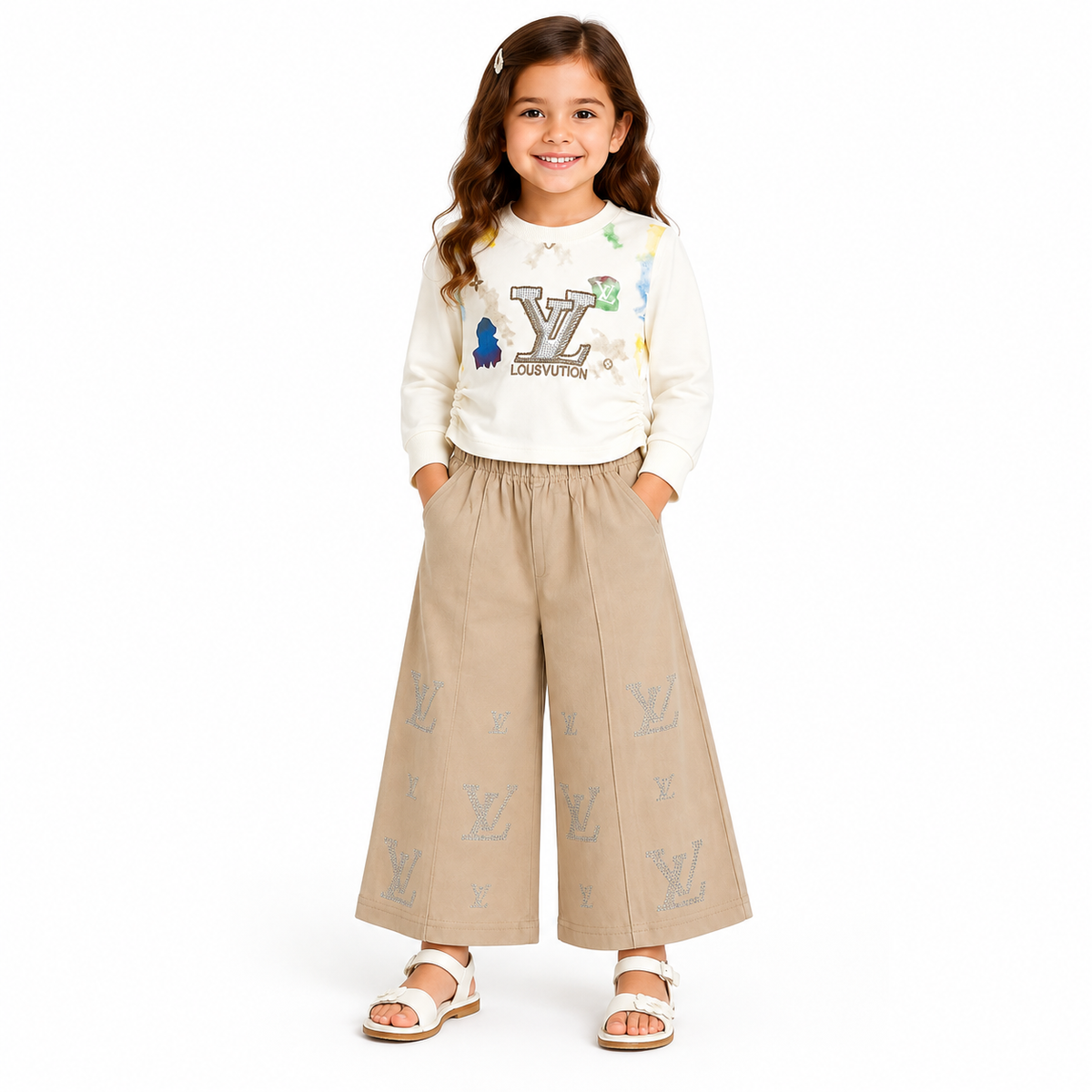 Girls 2-Piece Summer Outfit Set – Cream Printed Top & Light Blue Wide-Leg Pants | Stylish Casual Kids Set