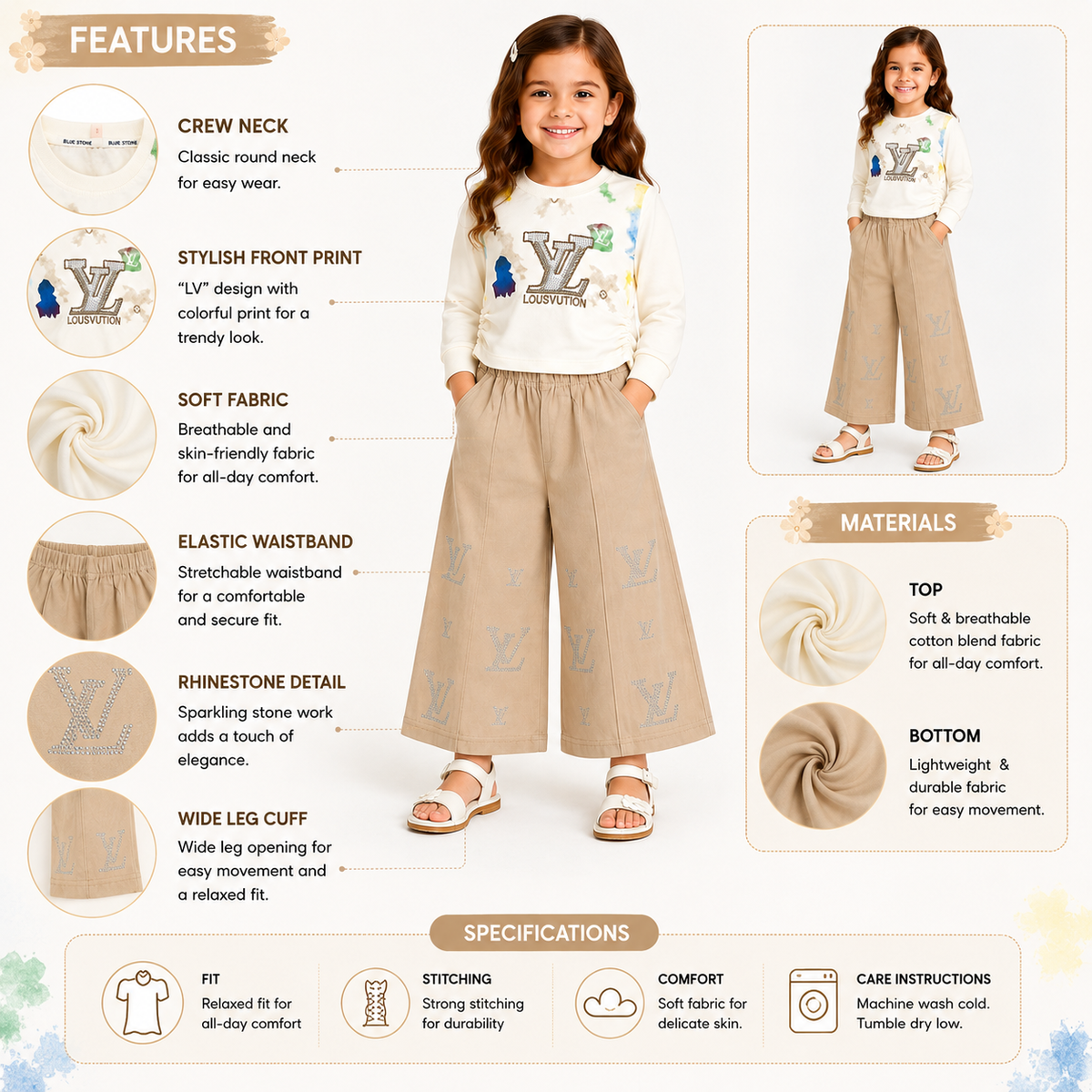 Girls 2-Piece Summer Outfit Set – Cream Printed Top & Light Blue Wide-Leg Pants | Stylish Casual Kids Set