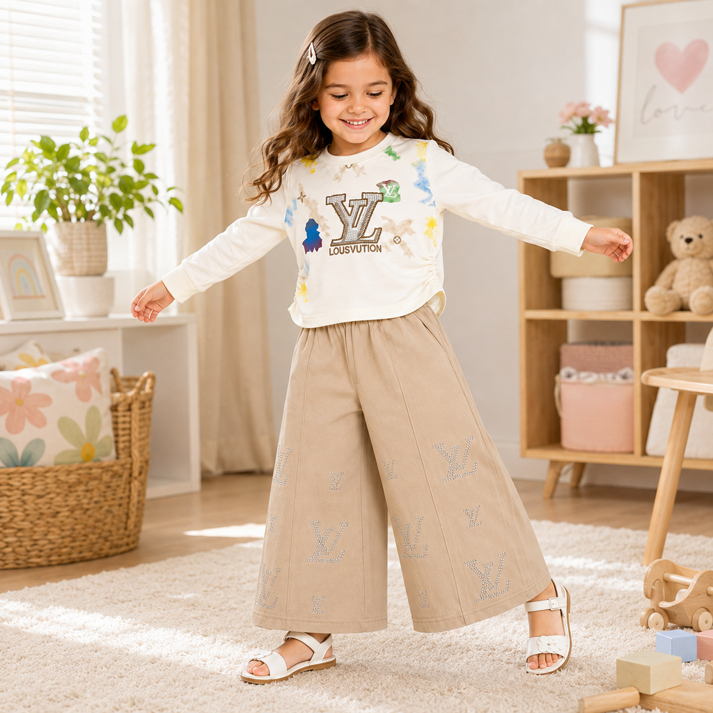 Girls 2-Piece Summer Outfit Set – Cream Printed Top & Light Blue Wide-Leg Pants | Stylish Casual Kids Set