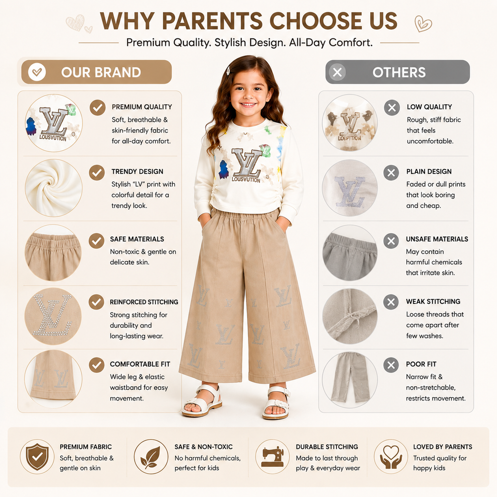 Girls 2-Piece Summer Outfit Set – Cream Printed Top & Light Blue Wide-Leg Pants | Stylish Casual Kids Set