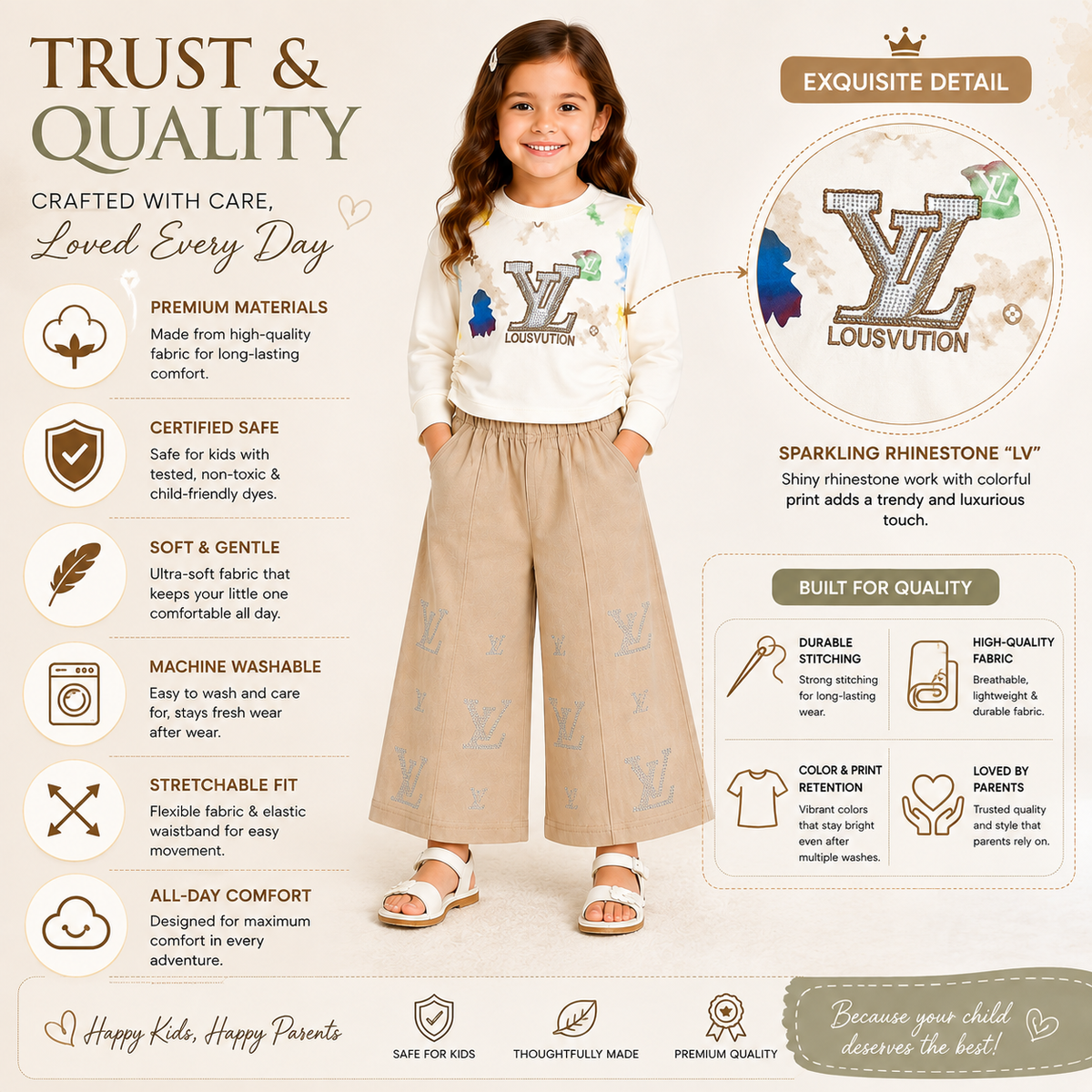 Girls 2-Piece Summer Outfit Set – Cream Printed Top & Light Blue Wide-Leg Pants | Stylish Casual Kids Set