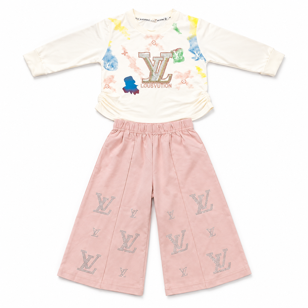 Girls 2-Piece Summer Outfit Set – Cream Printed Top & Light Blue Wide-Leg Pants | Stylish Casual Kids Set