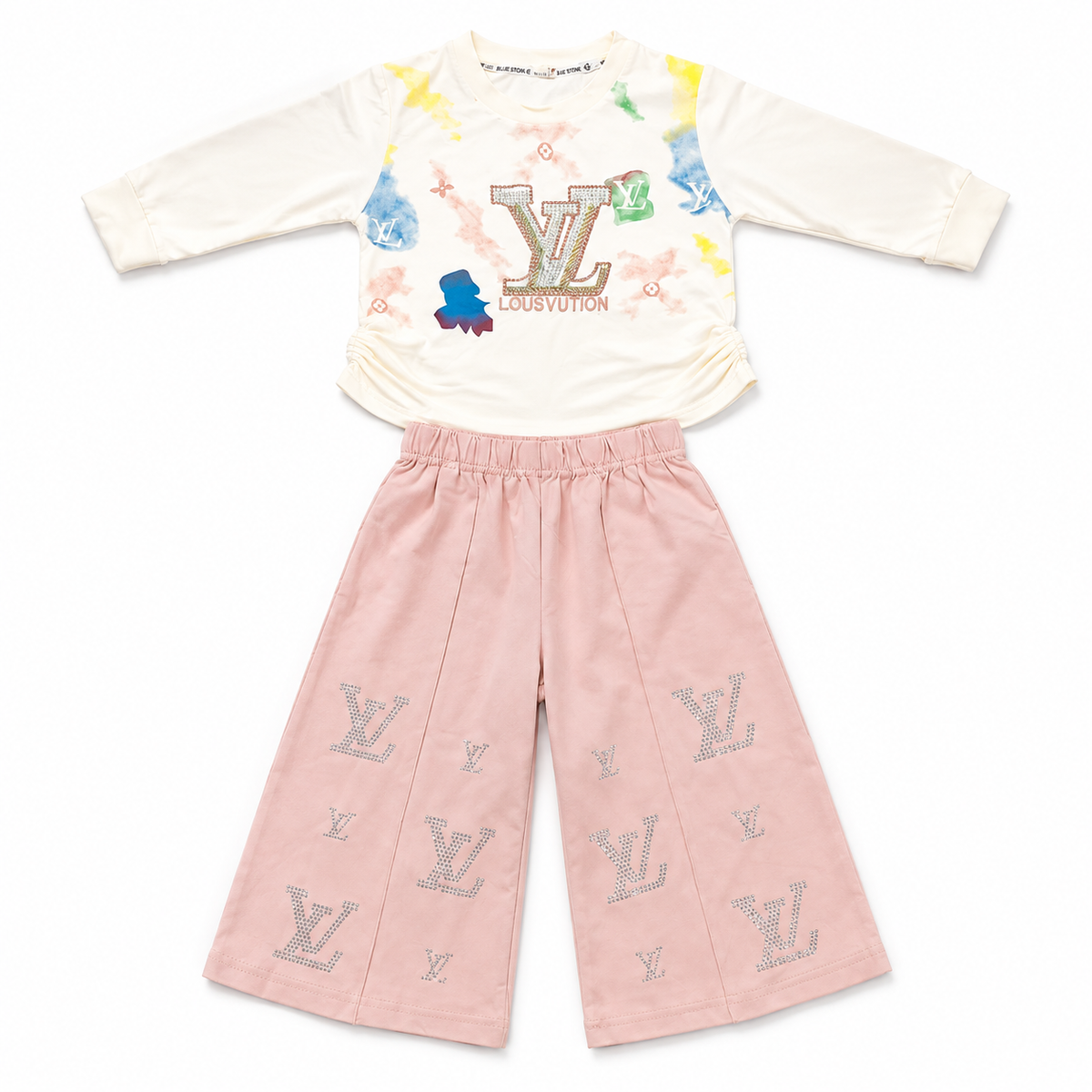 Girls 2-Piece Summer Outfit Set – Cream Printed Top & Light Blue Wide-Leg Pants | Stylish Casual Kids Set
