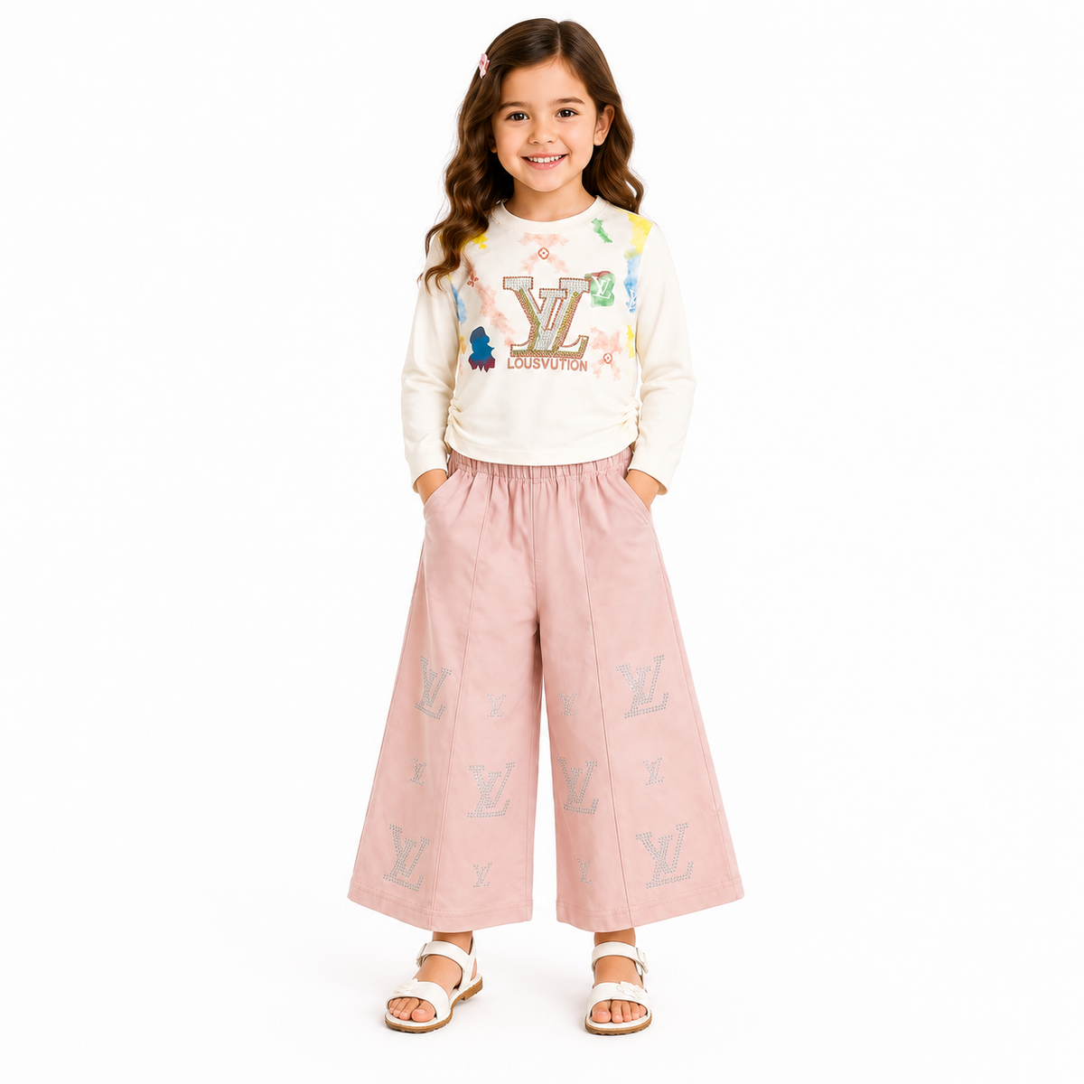 Girls 2-Piece Summer Outfit Set – Cream Printed Top & Light Blue Wide-Leg Pants | Stylish Casual Kids Set