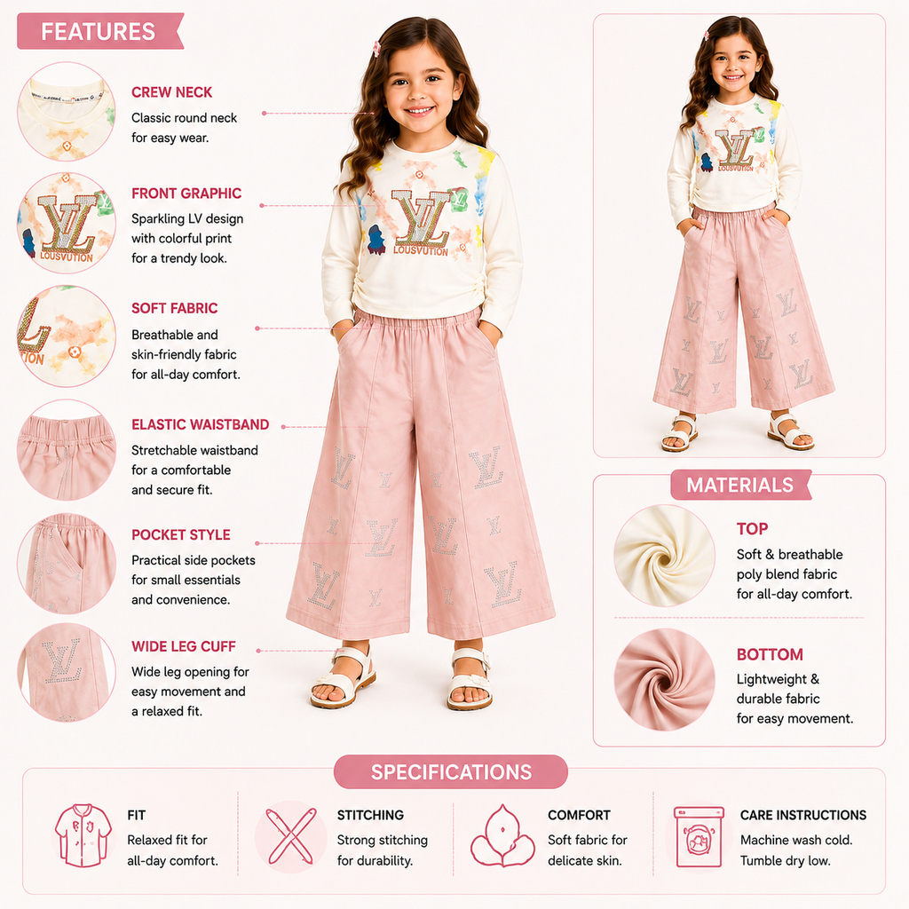 Girls 2-Piece Summer Outfit Set – Cream Printed Top & Light Blue Wide-Leg Pants | Stylish Casual Kids Set