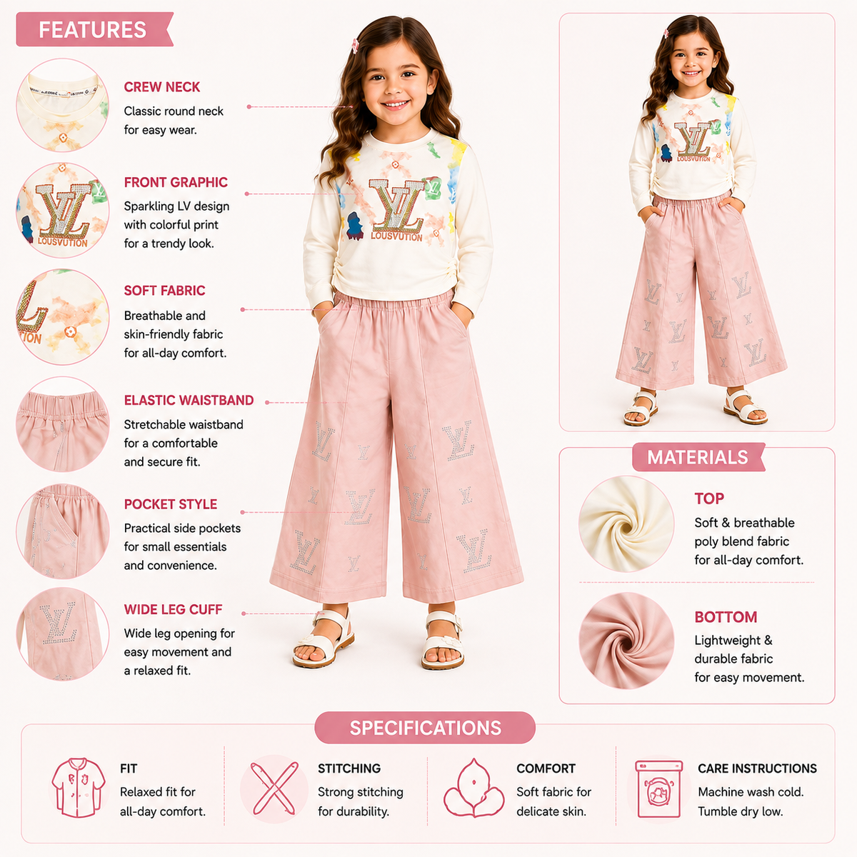 Girls 2-Piece Summer Outfit Set – Cream Printed Top & Light Blue Wide-Leg Pants | Stylish Casual Kids Set