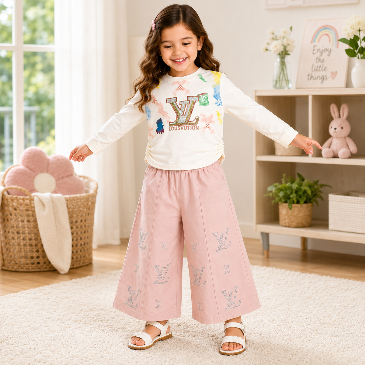 Girls 2-Piece Summer Outfit Set – Cream Printed Top & Light Blue Wide-Leg Pants | Stylish Casual Kids Set