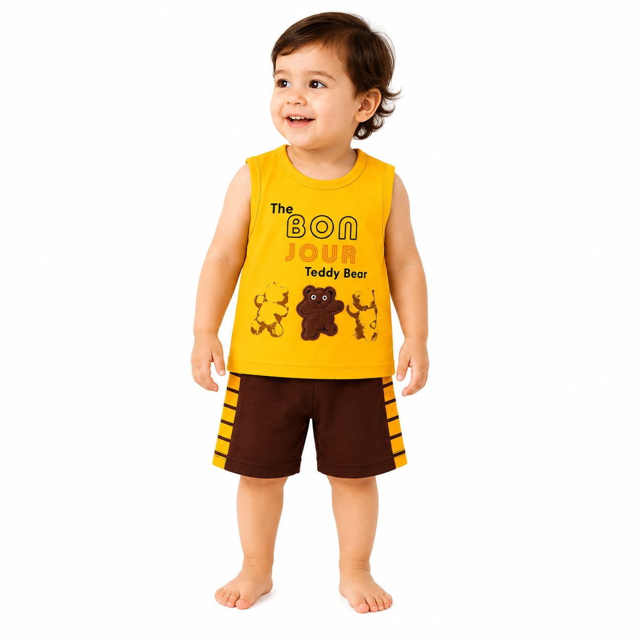 Boys Teddy Bear Tank Top and Shorts Set – Toddler Summer Outfit | Yellow & Brown
