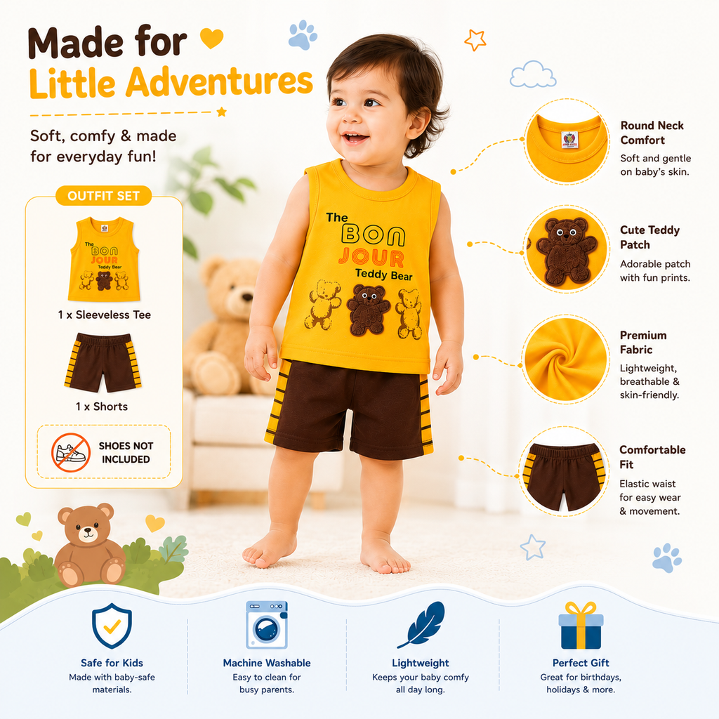 Boys Teddy Bear Tank Top and Shorts Set – Toddler Summer Outfit | Yellow & Brown