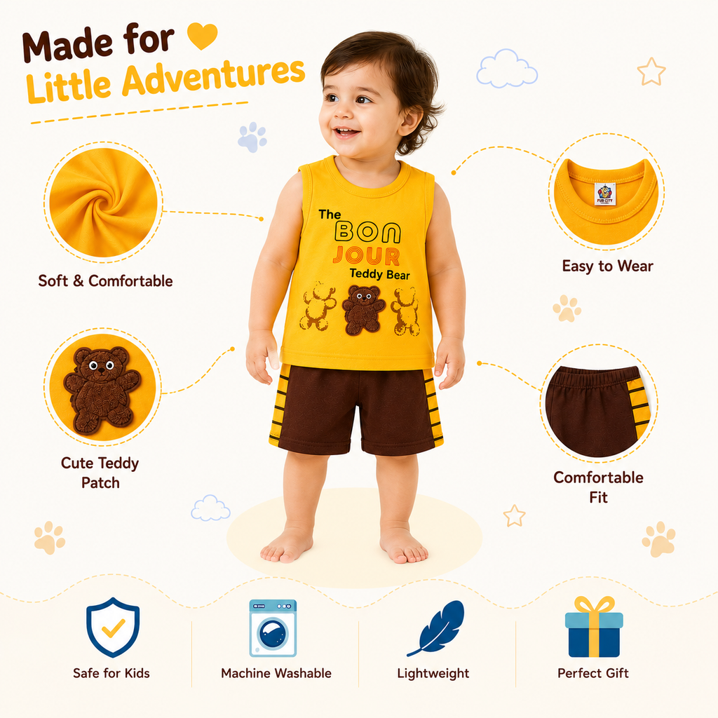 Boys Teddy Bear Tank Top and Shorts Set – Toddler Summer Outfit | Yellow & Brown