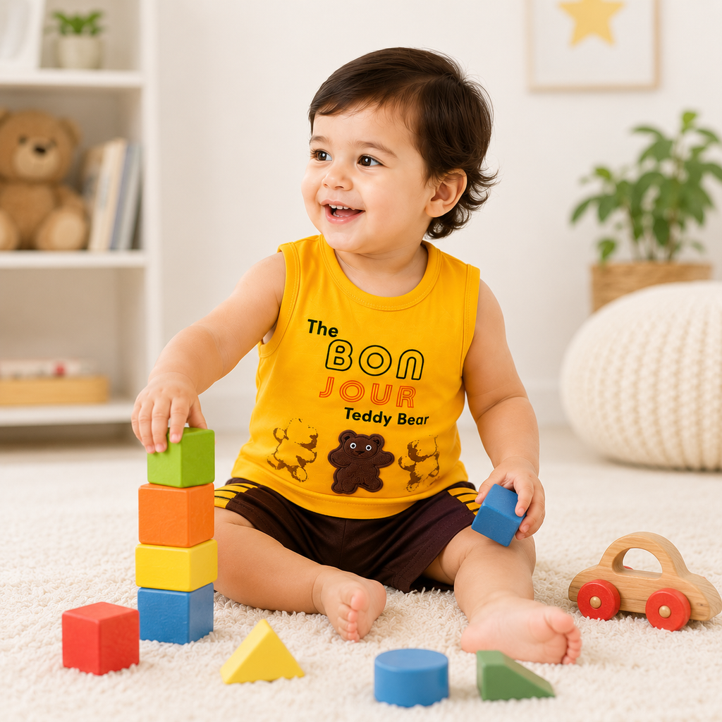 Boys Teddy Bear Tank Top and Shorts Set – Toddler Summer Outfit | Yellow & Brown