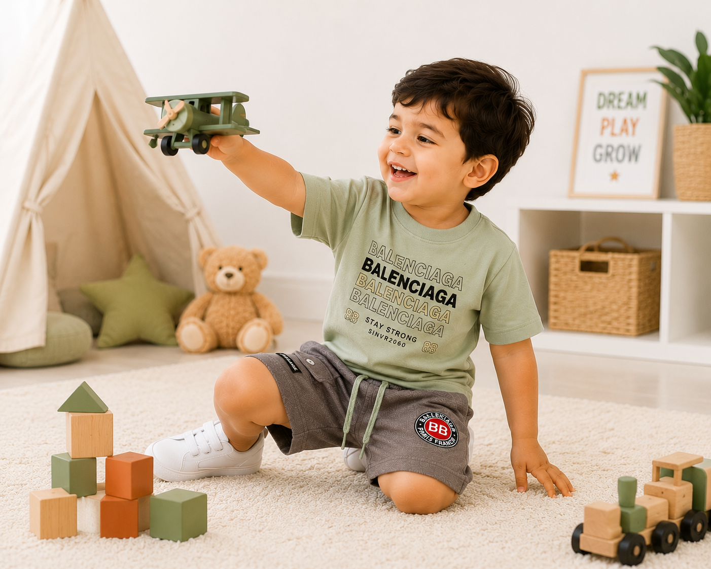 Boys Mint Letter Print T-Shirt and Cargo Shorts Set – Kids Summer Outfit