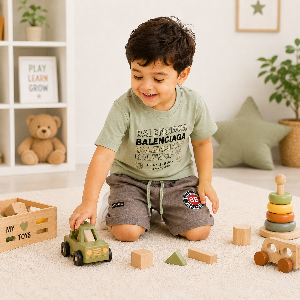 Boys Mint Letter Print T-Shirt and Cargo Shorts Set – Kids Summer Outfit