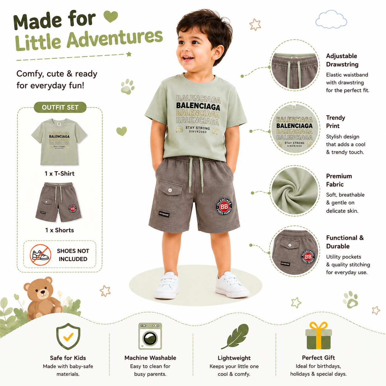 Boys Mint Letter Print T-Shirt and Cargo Shorts Set – Kids Summer Outfit