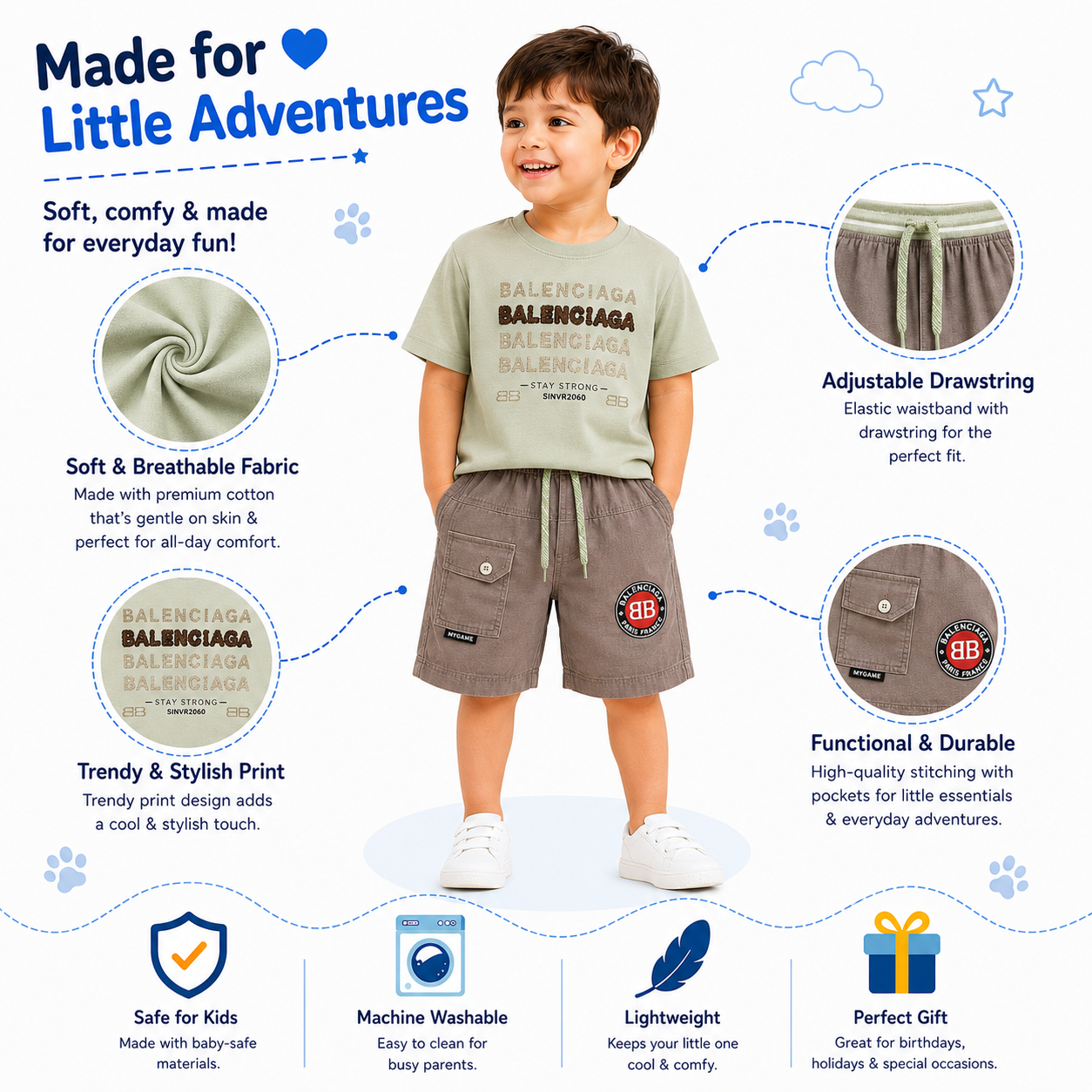 Boys Mint Letter Print T-Shirt and Cargo Shorts Set – Kids Summer Outfit